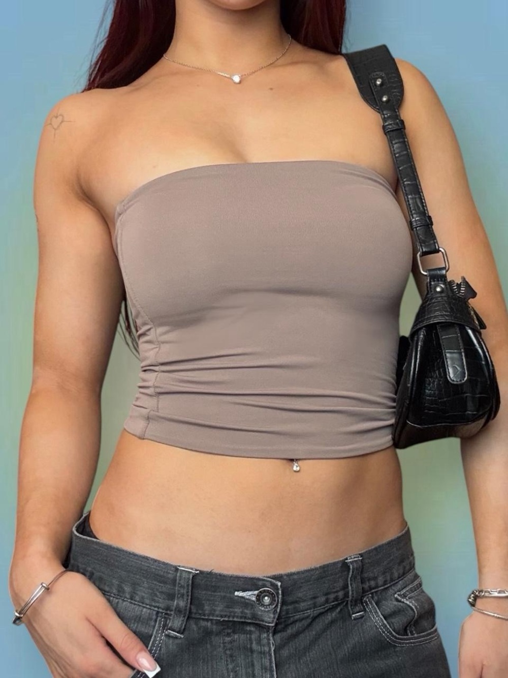 Babaton Strapless Tube Crop Top in Taupe - Picture 2 of 5